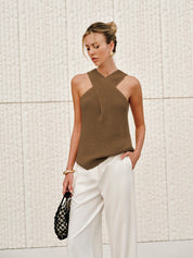 Gebreide Dames Haltertop – Haltertop Met Gekruiste Halslijn