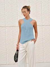 Gebreide Dames Haltertop – Haltertop Met Gekruiste Halslijn