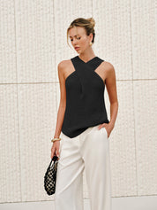 Gebreide Dames Haltertop – Haltertop Met Gekruiste Halslijn