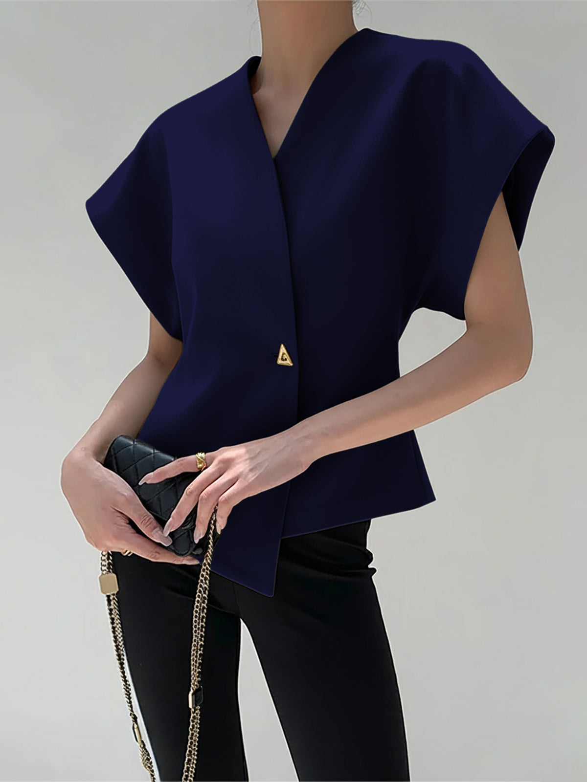 Dames Top – Elegante Blend Top Met V-Hals En Goudkleurige Knopen