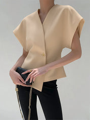 Dames Top – Elegante Blend Top Met V-Hals En Goudkleurige Knopen