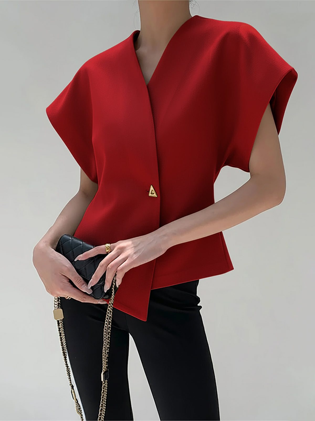 Dames Top – Elegante Blend Top Met V-Hals En Goudkleurige Knopen