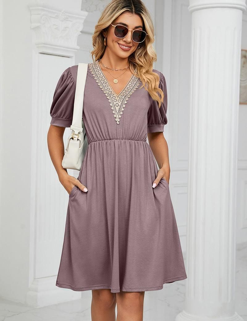 POCKET LACE V NECK BELTED SHORT SLEEVE DRESS - Doublju