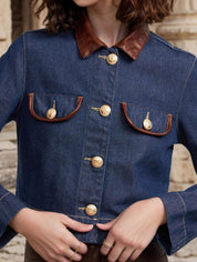 Denim Dames Jas met Faux Leren Kraag en Gouden Knopen