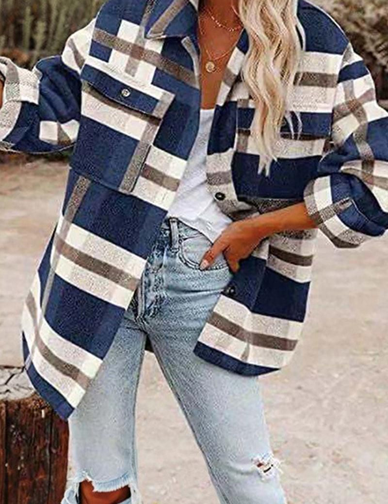 WOMEN OVERSIZED PLAID PATTERN LONG SHACKET - Doublju