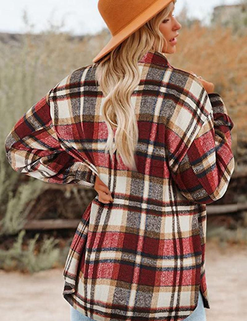 WOMEN OVERSIZED PLAID PATTERN LONG SHACKET - Doublju