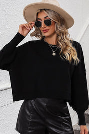 WOMEN RIBBED HEM FITTED SLEEVE KNIT JUMPER TOP - Doublju