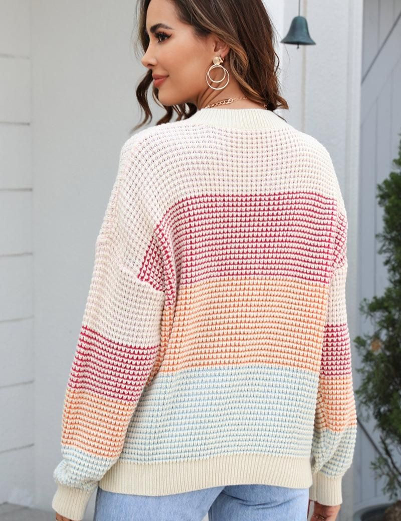 WOMEN WAFFLE KNITTED COLOR BLOCK OVERSIZED SWEATER - Doublju