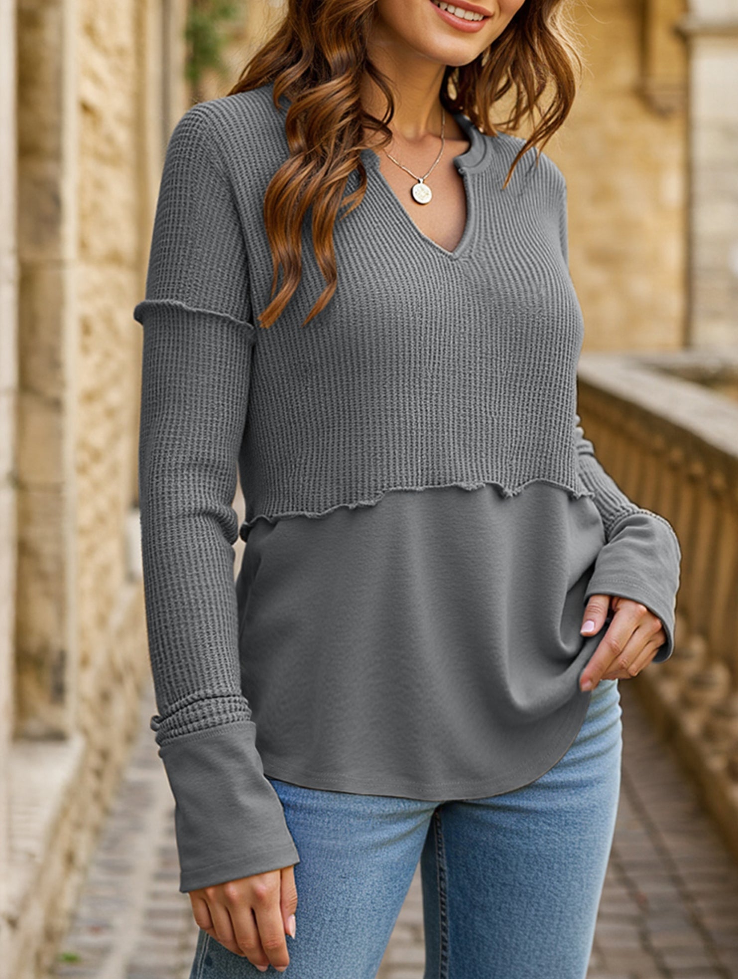 Dames Katoenmix Sweatshirt met Colorblock en V-hals