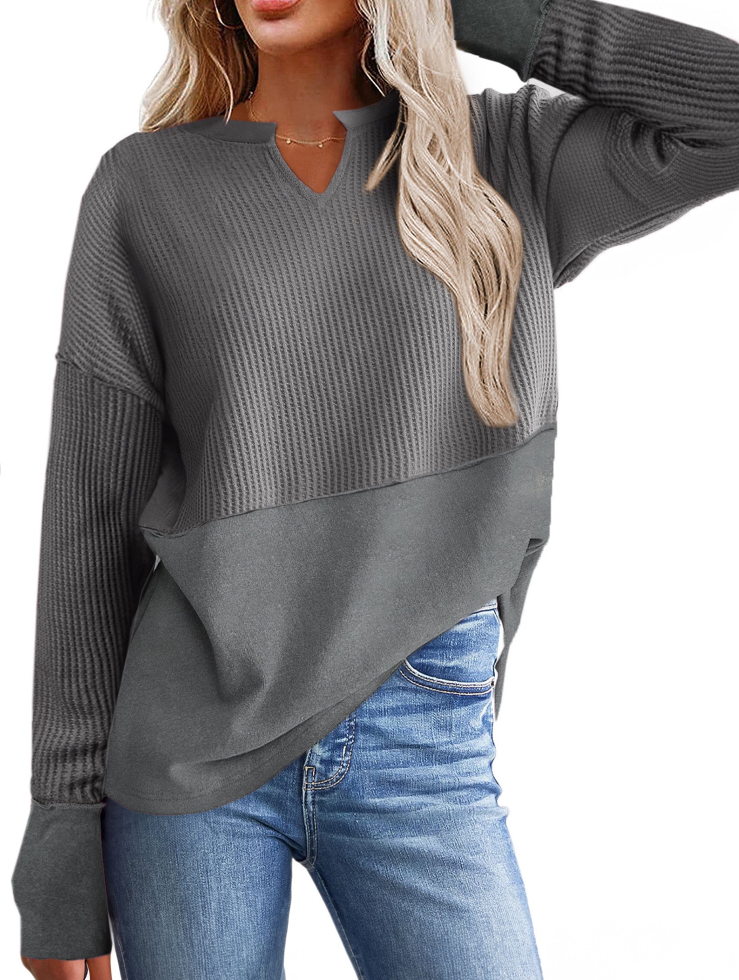 Dames Katoenmix Sweatshirt met Colorblock en V-hals