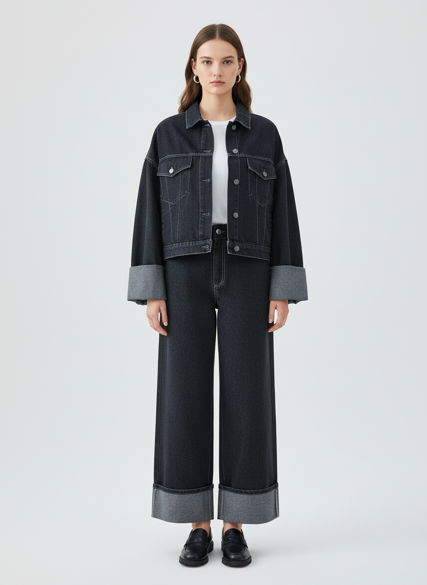 Denim Dames Twee-Delige Set – Denim Set Met Lange Mouwen En Kraag