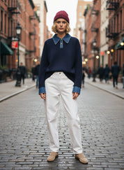 Stijvolle 2 in 1 Dames Sweater met Denim Kraag