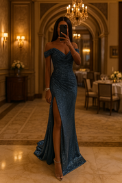 Sequins Maxi Jurk met Off-Shoulder Hals en Hoge Split
