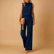 Anna Dames Jumpsuit – Elegante One-Piece met Ronde Hals en Wijde Pijpen