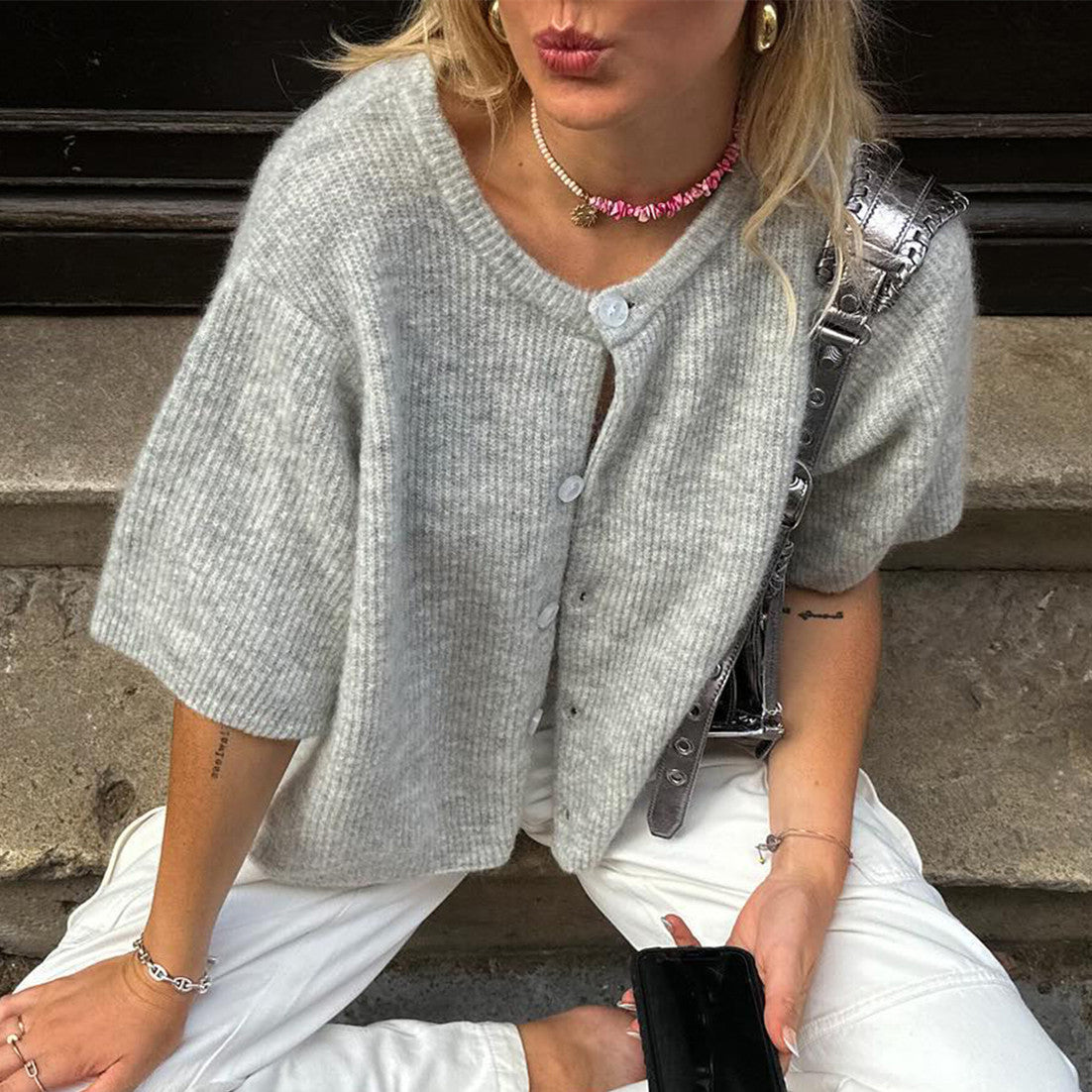 Gebreid Dames Vest met Korte Mouwen en Knopen