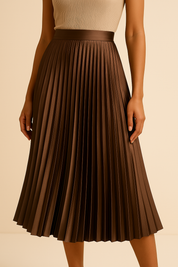 Elva Satijnen Plooirok – Hoge Taille Midi-Rok met Elegante Glans