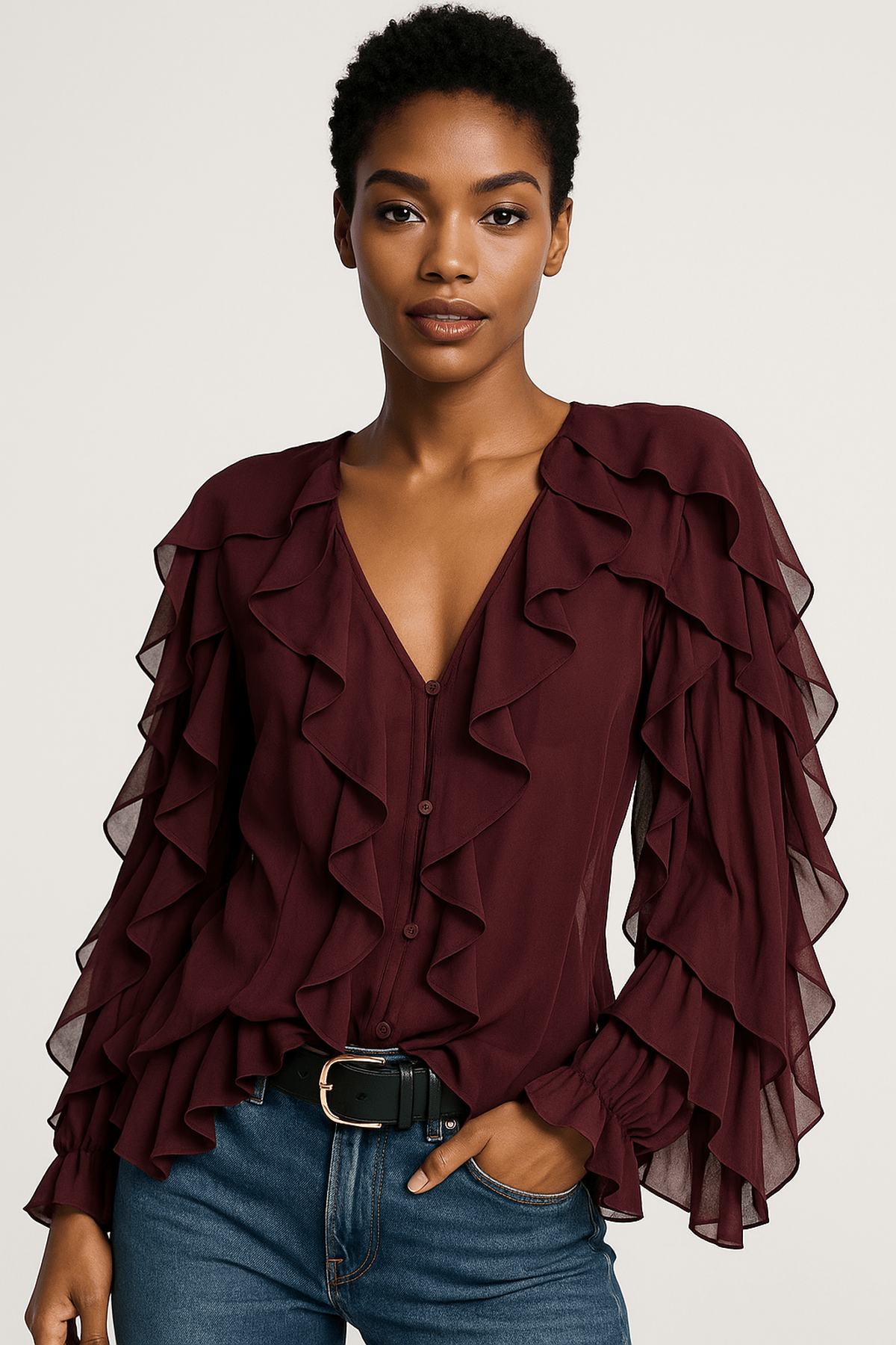 Bordeauxrode Blouse met Ruches voor Dames – Elegante Chic Top met Volantdetails