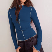 Autumn Slim Shirt Women O Neck Striped Patchwork Tops Female Basic Shirt Women Long Sleeve T-Shirts Fashion Lady Shirt White