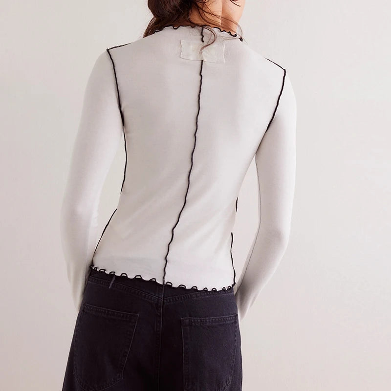 Autumn Slim Shirt Women O Neck Striped Patchwork Tops Female Basic Shirt Women Long Sleeve T-Shirts Fashion Lady Shirt White