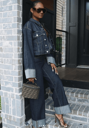 Denim Dames Twee-Delige Set – Denim Set Met Lange Mouwen En Kraag