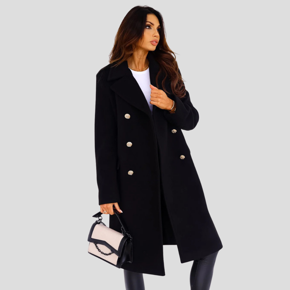 Dames Winterjas met Dubbele Knopen – Elegante Wolmix Jas met Klassieke Revers