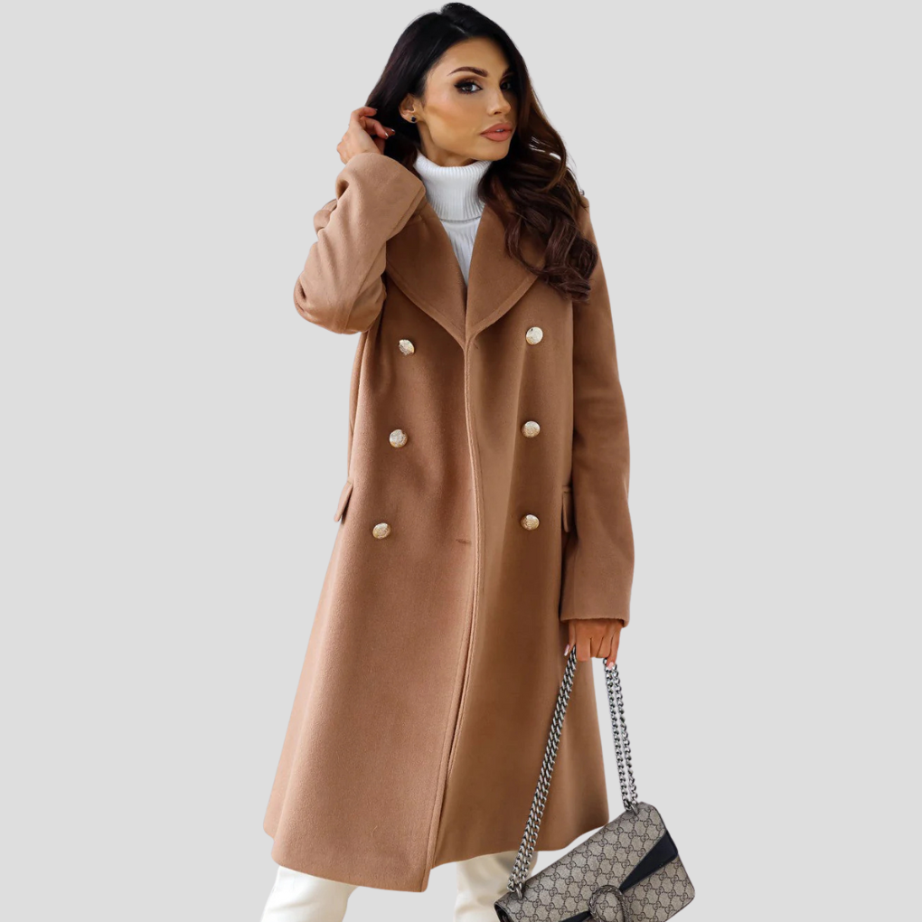 Dames Winterjas met Dubbele Knopen – Elegante Wolmix Jas met Klassieke Revers
