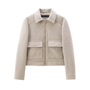 Premium Wolmix Cropped Dames Bomberjack Met Knoopzakken