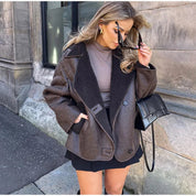 Amy Bruine Leren Jas met Fleece Voering – Vintage Stijl & Warmte