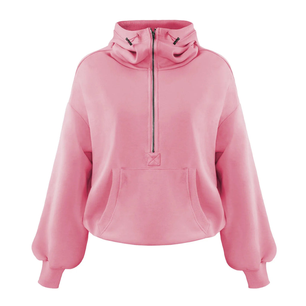 Casual Dames Hoodie – Half Zip, Zakken en Verlaagde Schouder