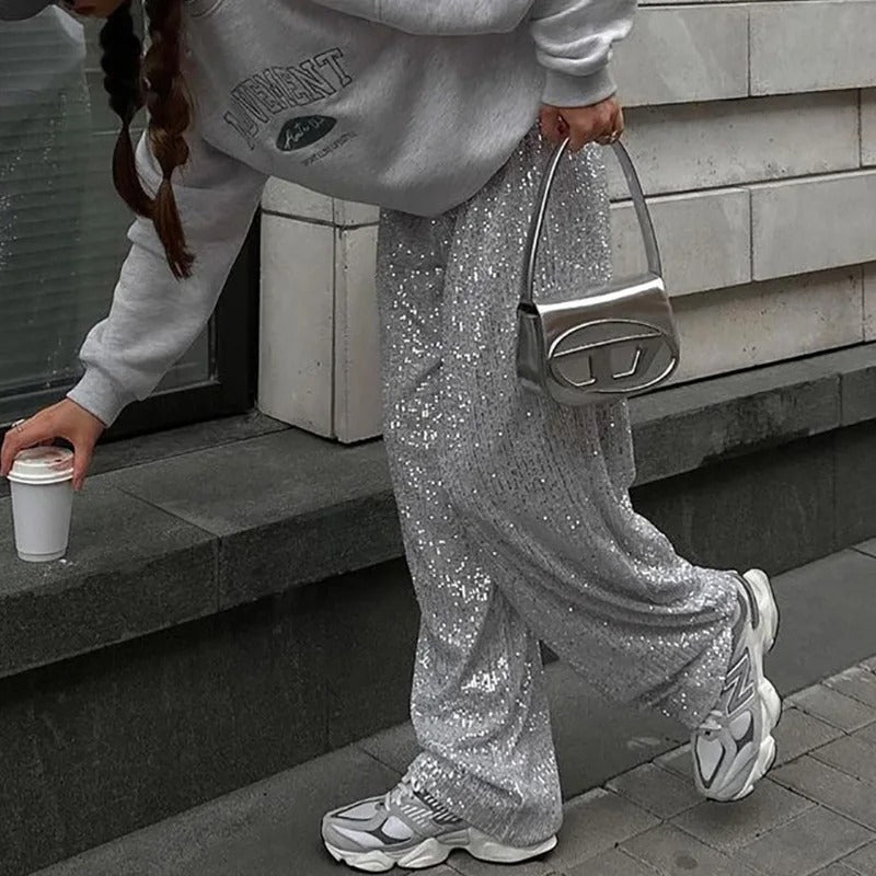 Pailletten Wijde Dames Broek met Elastische Tailleband