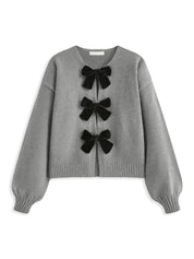 Gebreide Dames Cardigan met Fluwelen Strikken en Bolmouwen