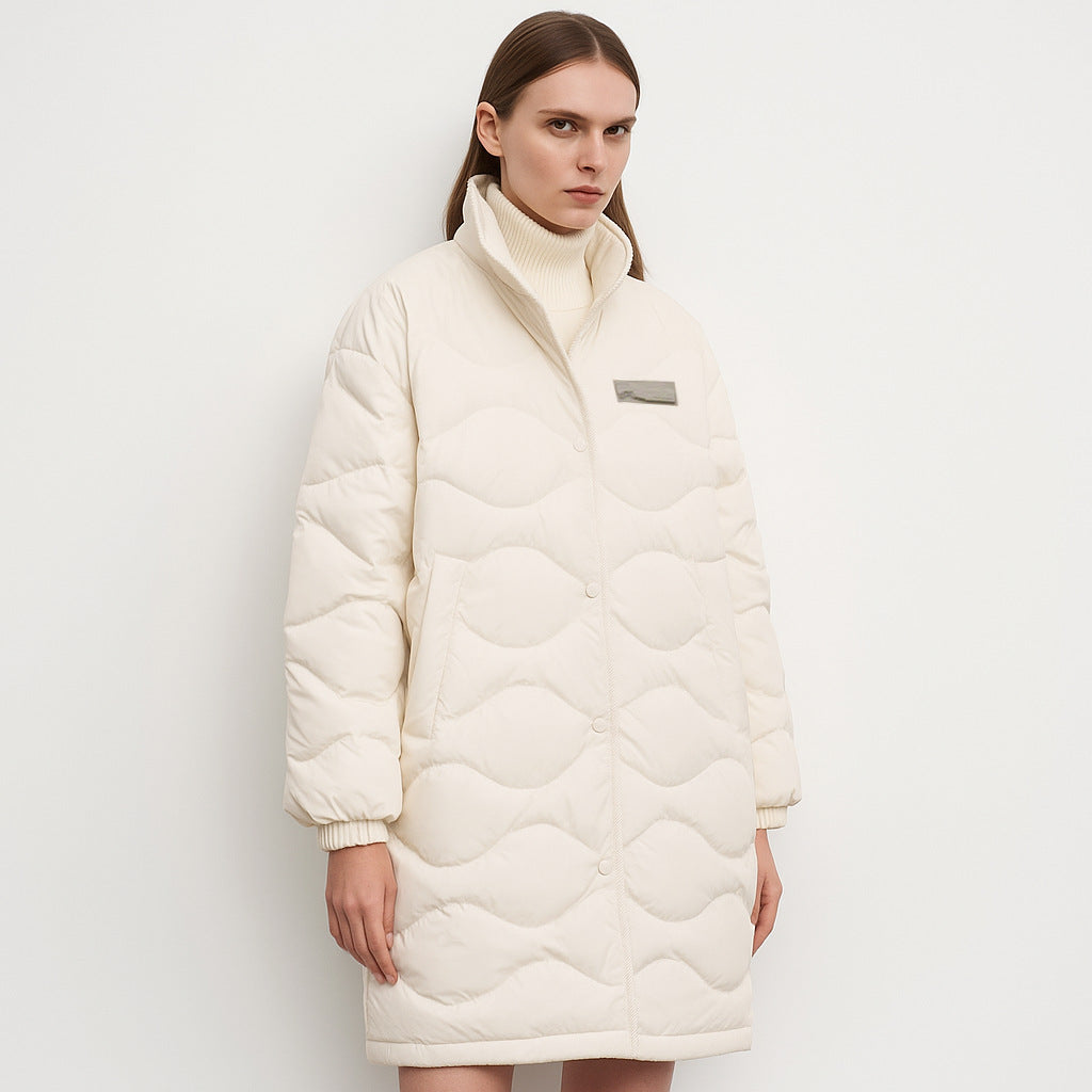Lange Dames Winterjas – Gewatteerde Jas met Golvende Stiksels