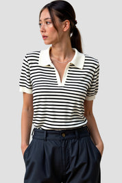Dames Gebreide Polo met Streep - Tijdloze Zwart-Wit Casual Top