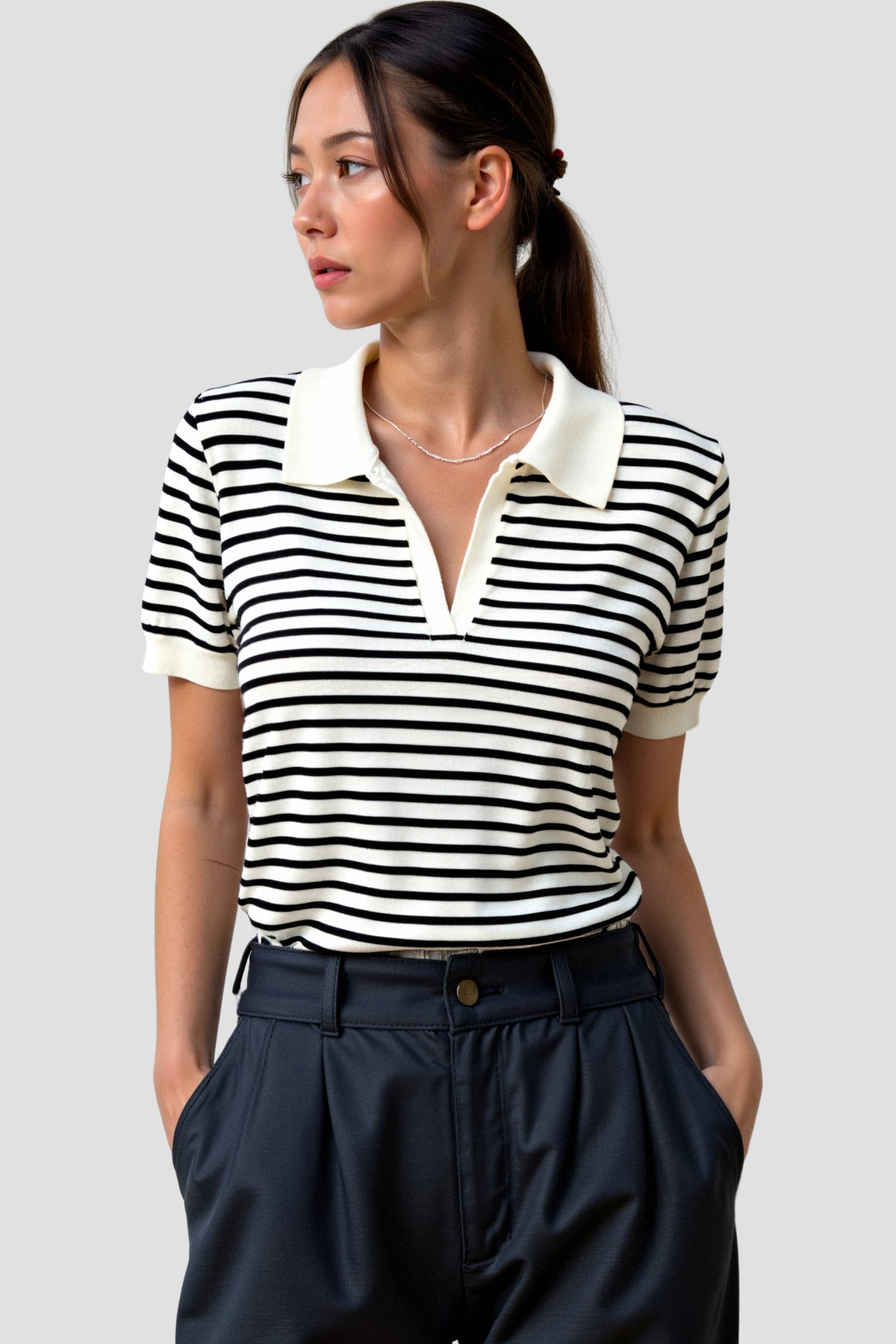 Dames Gebreide Polo met Streep - Tijdloze Zwart-Wit Casual Top