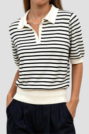 Dames Gebreide Polo met Streep - Tijdloze Zwart-Wit Casual Top