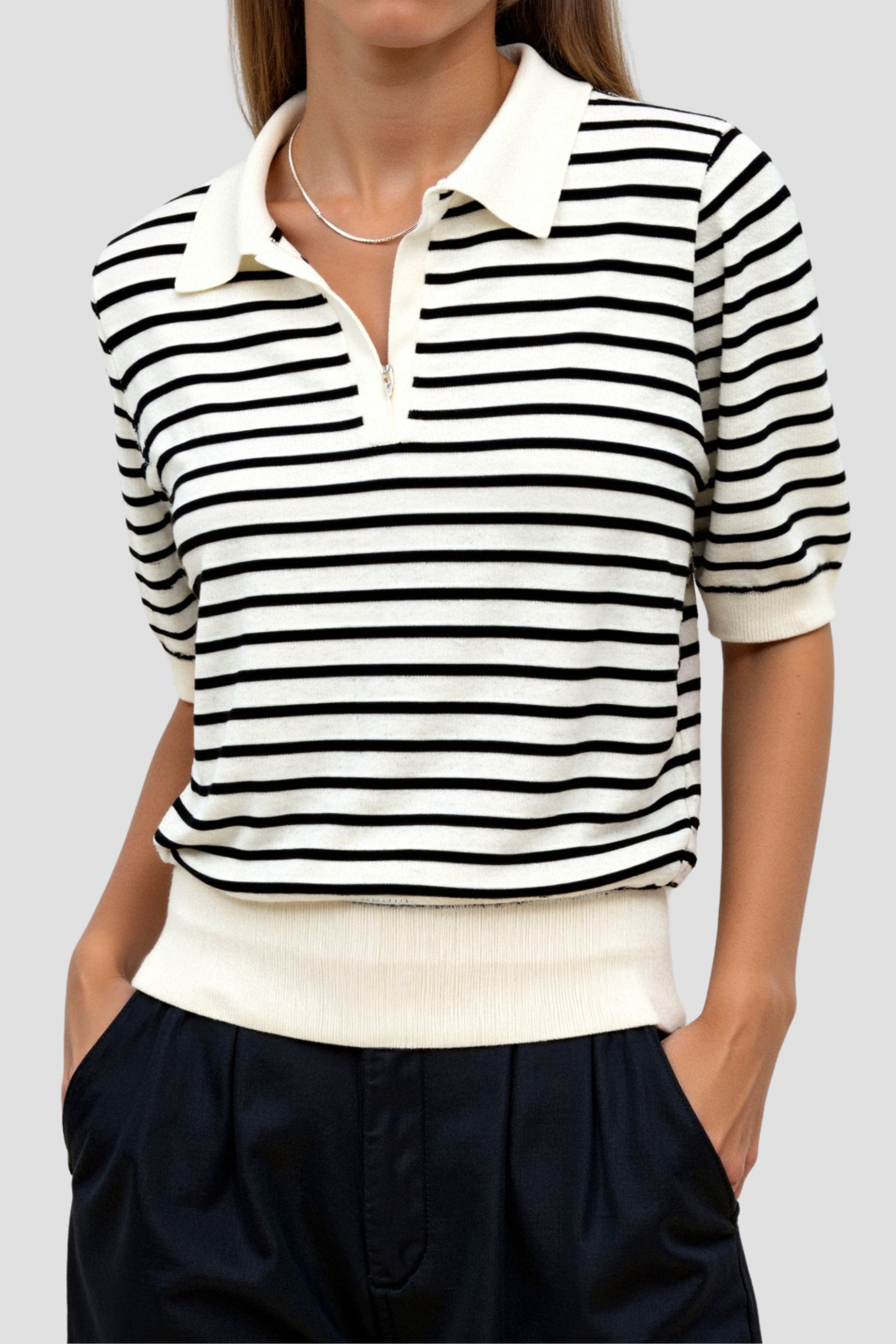 Dames Gebreide Polo met Streep - Tijdloze Zwart-Wit Casual Top