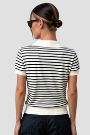 Dames Gebreide Polo met Streep - Tijdloze Zwart-Wit Casual Top