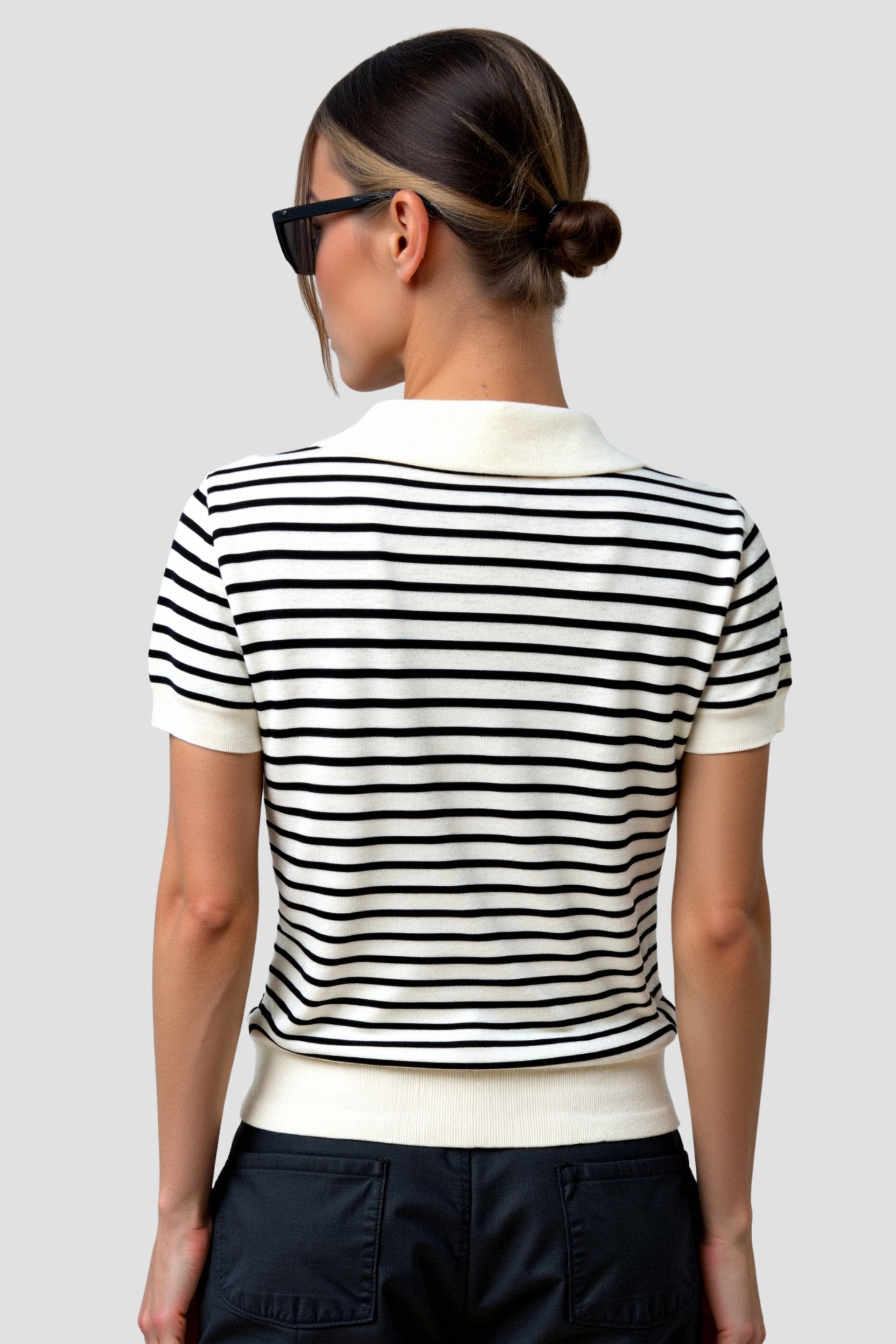 Dames Gebreide Polo met Streep - Tijdloze Zwart-Wit Casual Top