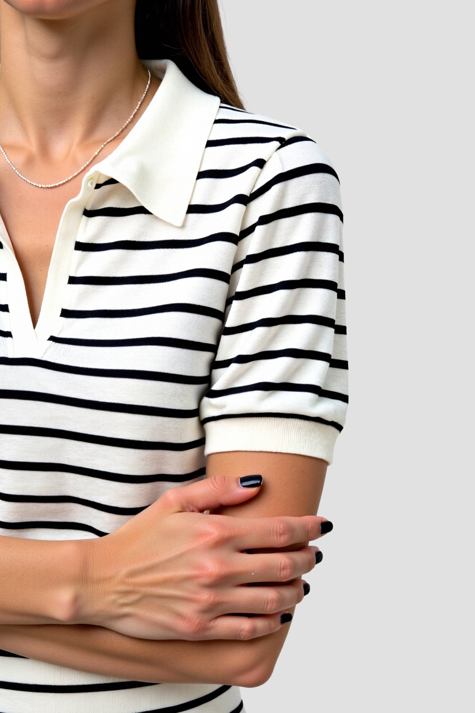 Dames Gebreide Polo met Streep - Tijdloze Zwart-Wit Casual Top