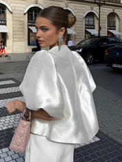 Feestelijke Satijnen Dames Top – Satijnen Top Met Pofmouwen