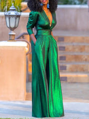 Dames Jumpsuit – Elegante Blend Jumpsuit Met Wijde Pijpen En V-Hals