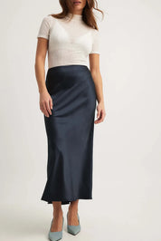 Satijnen Midi-Rok Dames – Elegante Hoge Taille Rok met Glanzende Afwerking