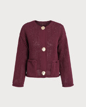 Women's Knitted Polyester Sweater Wine Red Tops - RIHOAS